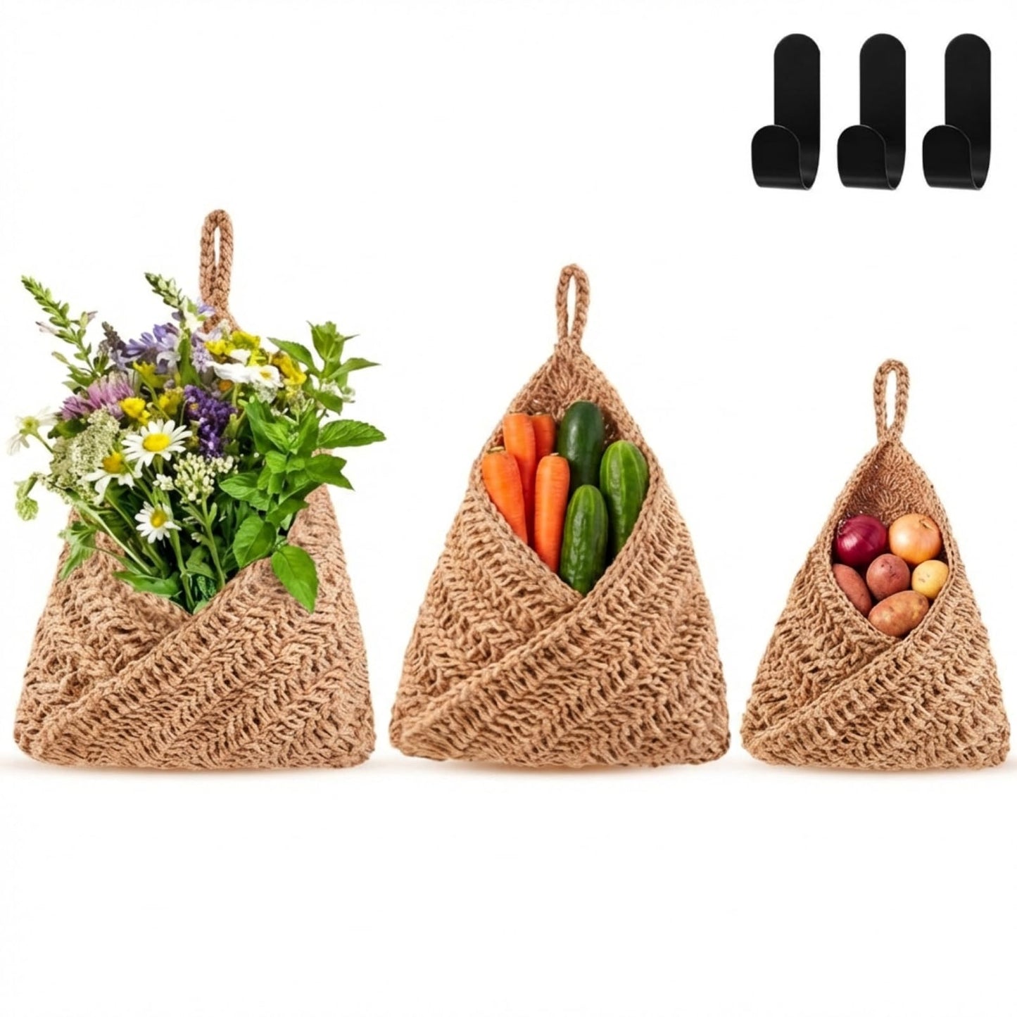 Honeydak Boho Decor Hanging Wall Baskets for Kitchen 3 Pack Teardrop Baskets with Hooks Storage Fruit Onion Vegetable Potato for Home 3 Sizes(Linen,Teardrop,Jute)
