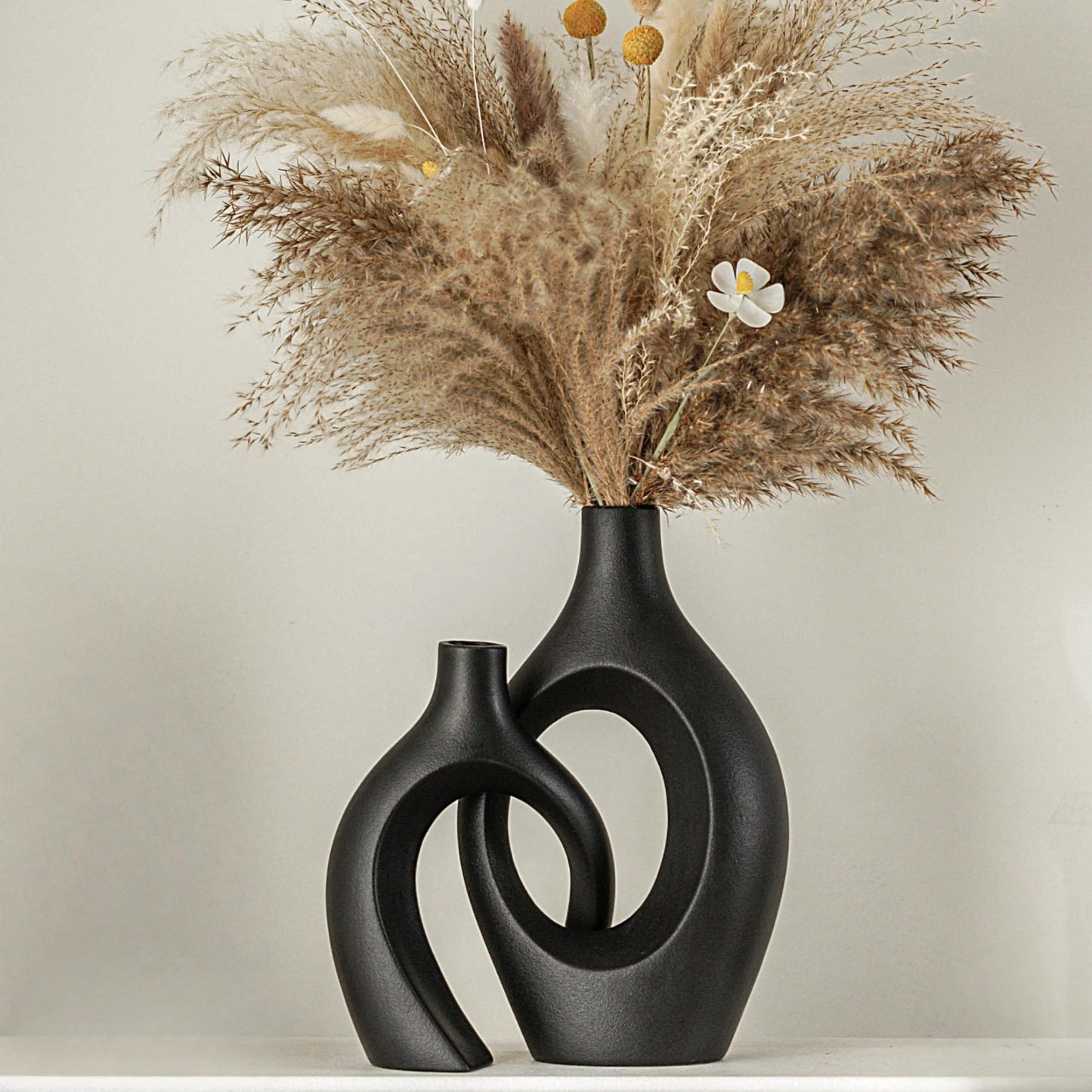 Snuggle Hollow Ceramic Vase Set of 2, Nordic Modern Boho ins Style Decorative Ceramic Aesthetic Flower Vase for Home Decor (Milky White W 6.3" X H 8.4")