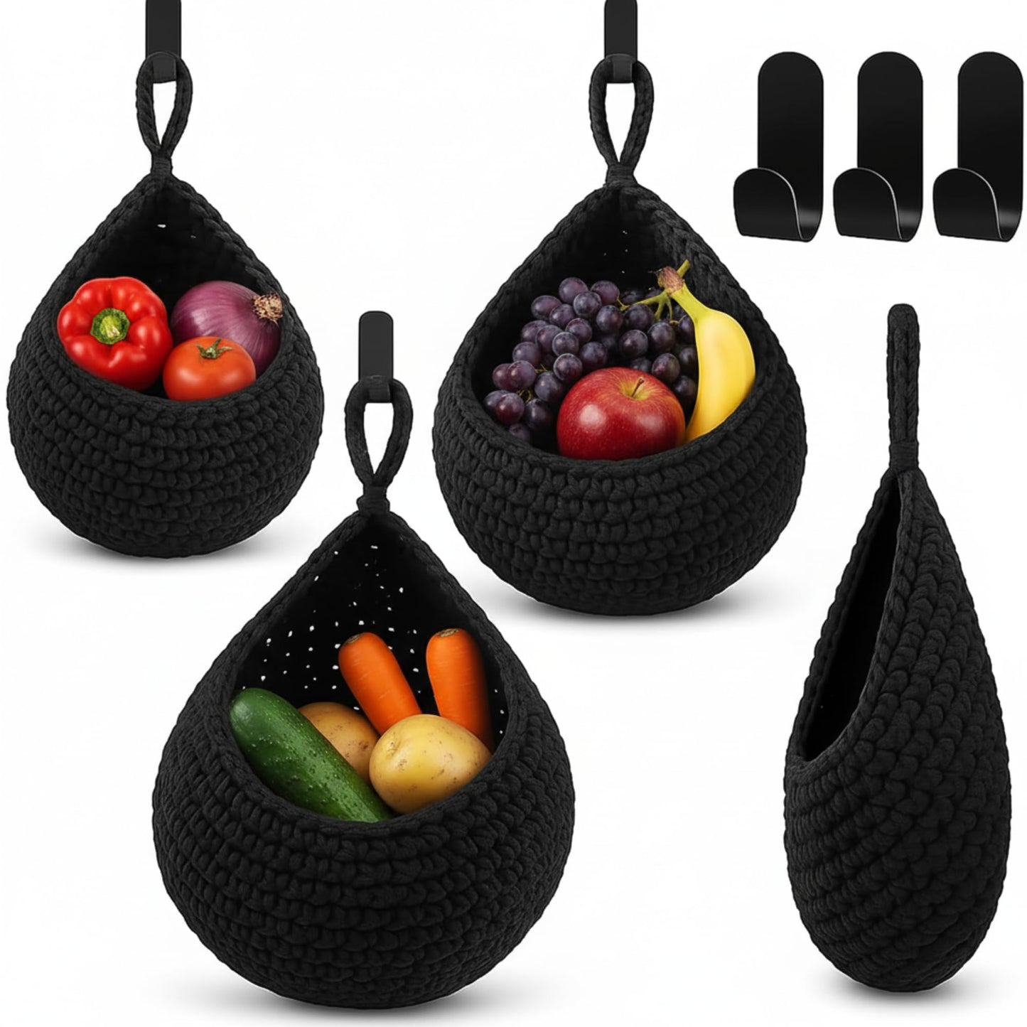 Honeydak Boho Decor Hanging Wall Baskets for Kitchen 3 Pack Teardrop Baskets with Hooks Storage Fruit Onion Vegetable Potato for Home 3 Sizes(Linen,Teardrop,Jute)