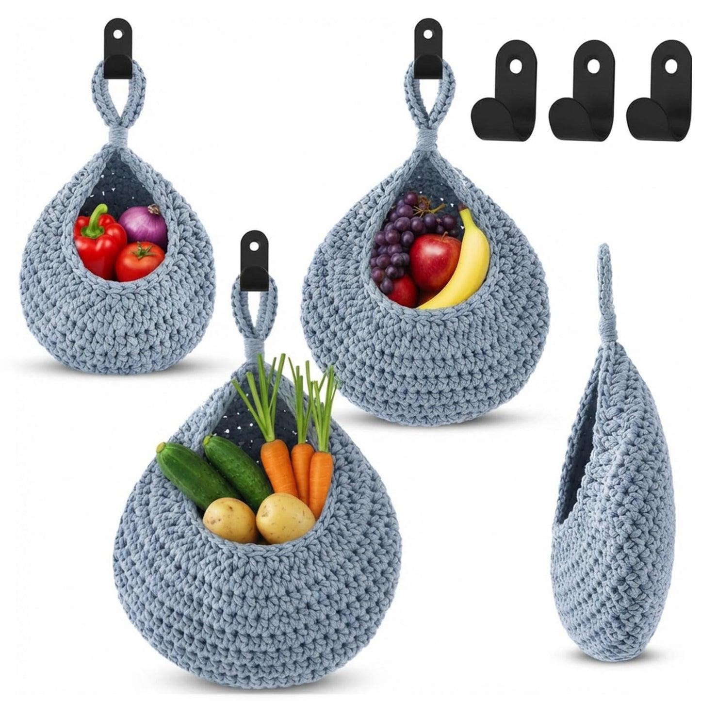 Honeydak Boho Decor Hanging Wall Baskets for Kitchen 3 Pack Teardrop Baskets with Hooks Storage Fruit Onion Vegetable Potato for Home 3 Sizes(Linen,Teardrop,Jute)