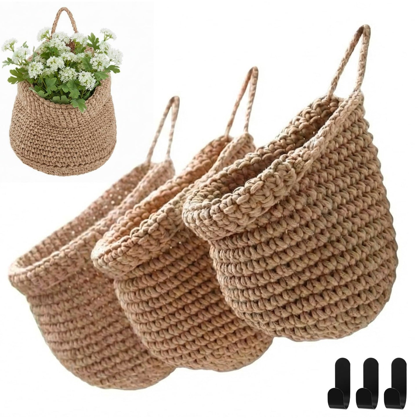 Honeydak Boho Decor Hanging Wall Baskets for Kitchen 3 Pack Teardrop Baskets with Hooks Storage Fruit Onion Vegetable Potato for Home 3 Sizes(Linen,Teardrop,Jute)