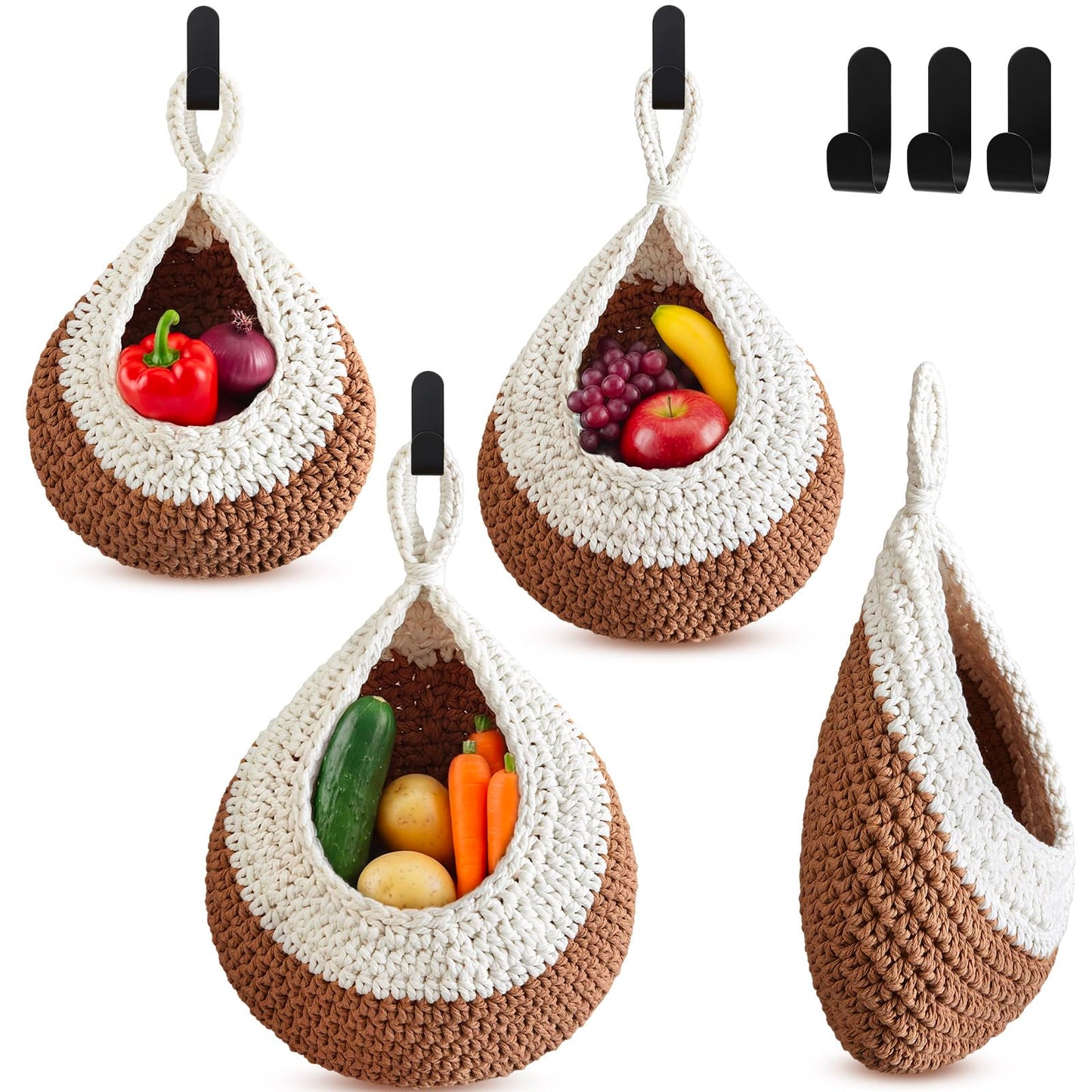 Honeydak Boho Decor Hanging Wall Baskets for Kitchen 3 Pack Teardrop Baskets with Hooks Storage Fruit Onion Vegetable Potato for Home 3 Sizes(Linen,Teardrop,Jute)