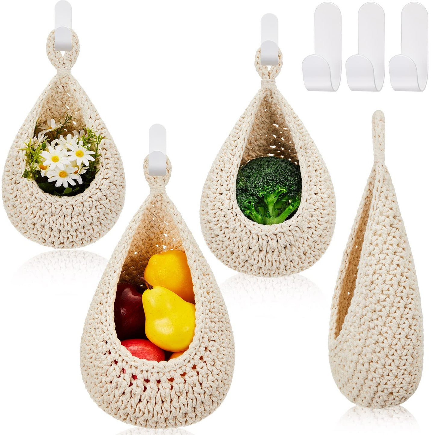 Honeydak Boho Decor Hanging Wall Baskets for Kitchen 3 Pack Teardrop Baskets with Hooks Storage Fruit Onion Vegetable Potato for Home 3 Sizes(Linen,Teardrop,Jute)