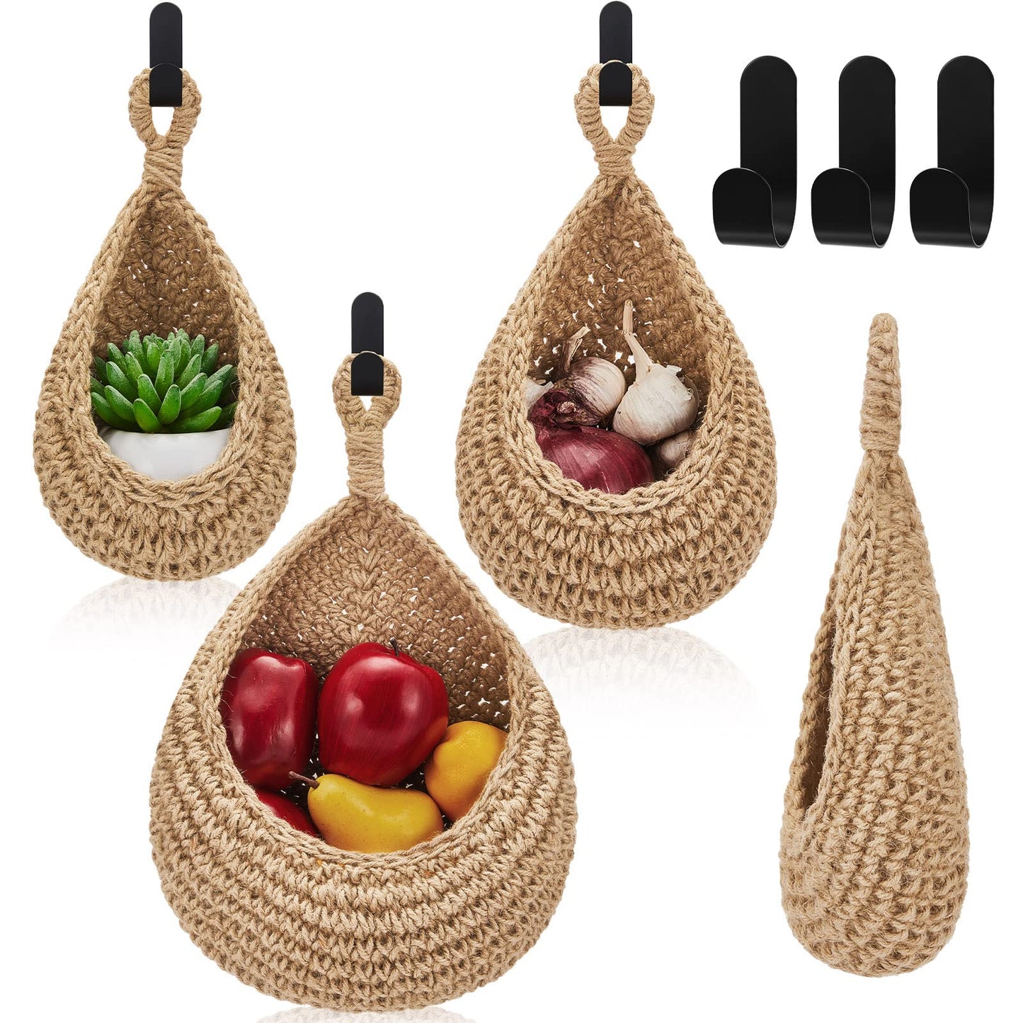 Honeydak Boho Decor Hanging Wall Baskets for Kitchen 3 Pack Teardrop Baskets with Hooks Storage Fruit Onion Vegetable Potato for Home 3 Sizes(Linen,Teardrop,Jute)