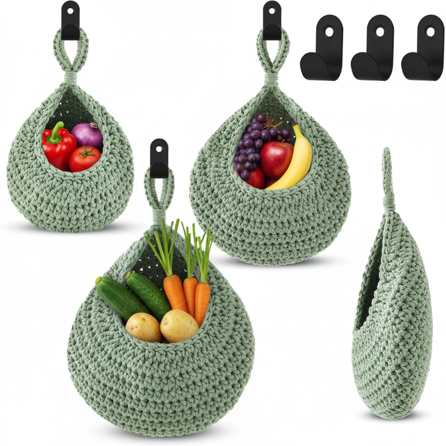 Honeydak Boho Decor Hanging Wall Baskets for Kitchen 3 Pack Teardrop Baskets with Hooks Storage Fruit Onion Vegetable Potato for Home 3 Sizes(Linen,Teardrop,Jute)
