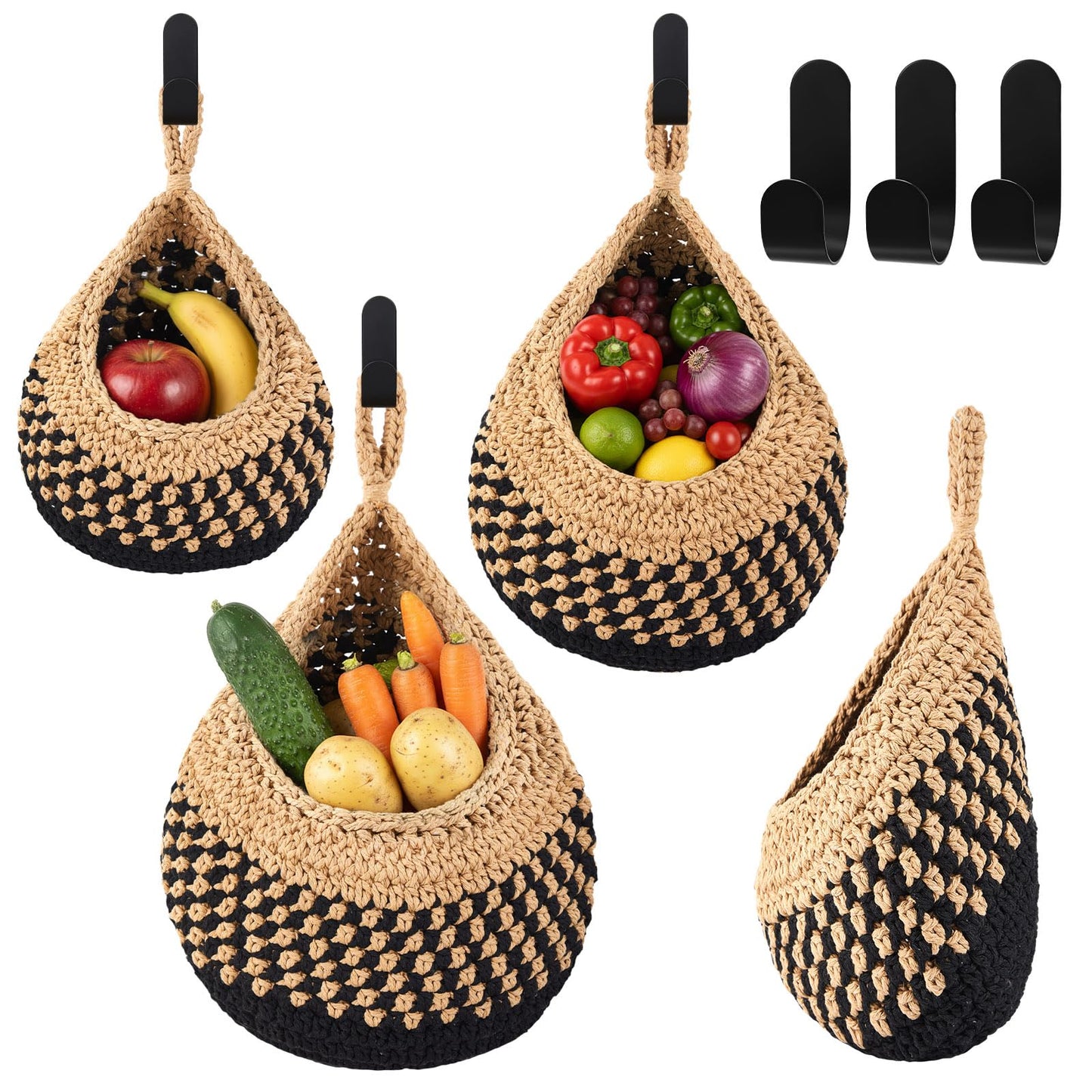 Honeydak Boho Decor Hanging Wall Baskets for Kitchen 3 Pack Teardrop Baskets with Hooks Storage Fruit Onion Vegetable Potato for Home 3 Sizes(Linen,Teardrop,Jute)