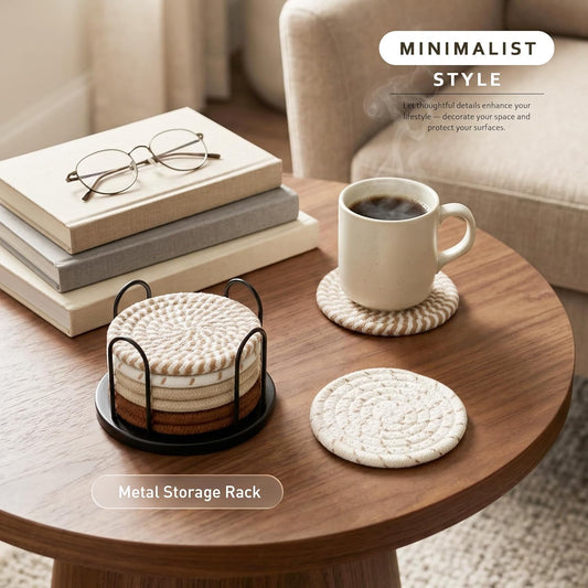 Coasters Set of 8 for Drinks, Beer, Coffee, Cotton Woven 4 Colors Absorbent Coaster with Holder, Boho Coasters for Home Decor Tabletop Protection Suitable for Kinds of Cups, Coffee