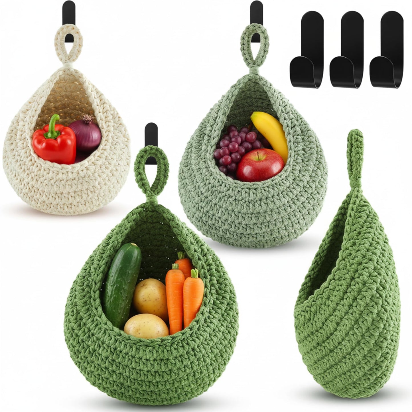 Honeydak Boho Decor Hanging Wall Baskets for Kitchen 3 Pack Teardrop Baskets with Hooks Storage Fruit Onion Vegetable Potato for Home 3 Sizes(Linen,Teardrop,Jute)