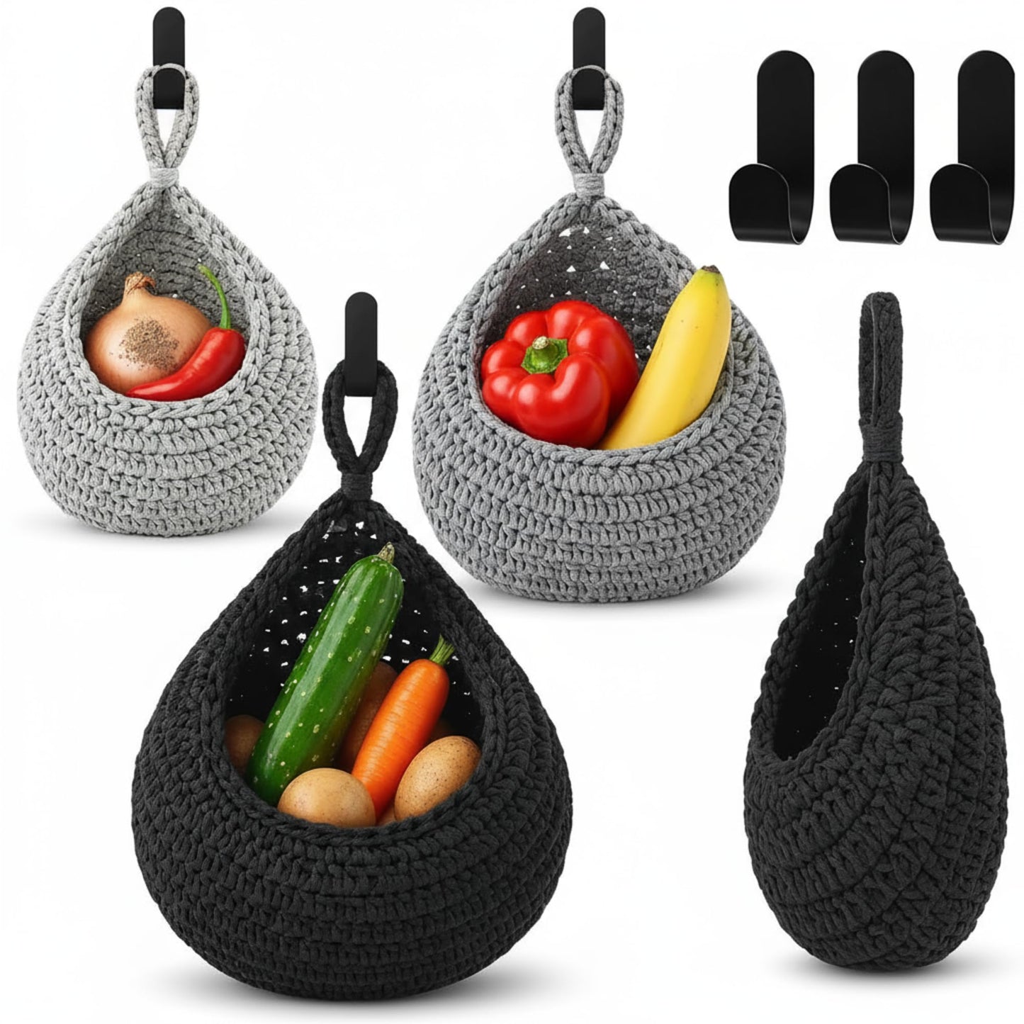 Honeydak Boho Decor Hanging Wall Baskets for Kitchen 3 Pack Teardrop Baskets with Hooks Storage Fruit Onion Vegetable Potato for Home 3 Sizes(Linen,Teardrop,Jute)