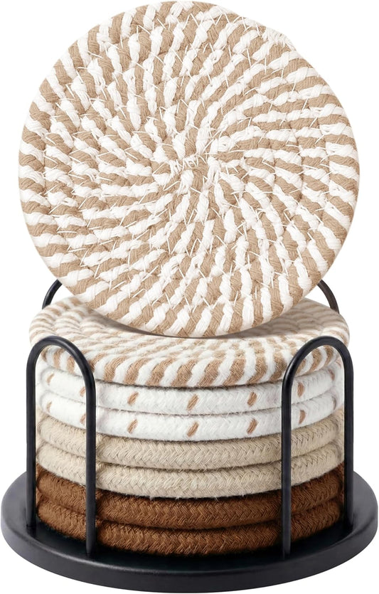 Coasters Set of 8 for Drinks, Beer, Coffee, Cotton Woven 4 Colors Absorbent Coaster with Holder, Boho Coasters for Home Decor Tabletop Protection Suitable for Kinds of Cups, Coffee
